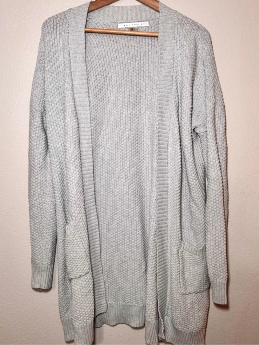 Max Studio Gray Longline Open Front Cardigan XL Cotton Blend Pockets